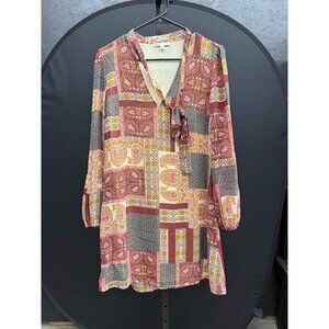 DR2 Daniel Rainn Multicolor Paisley Patch Front Tie Long Sleeve Dress